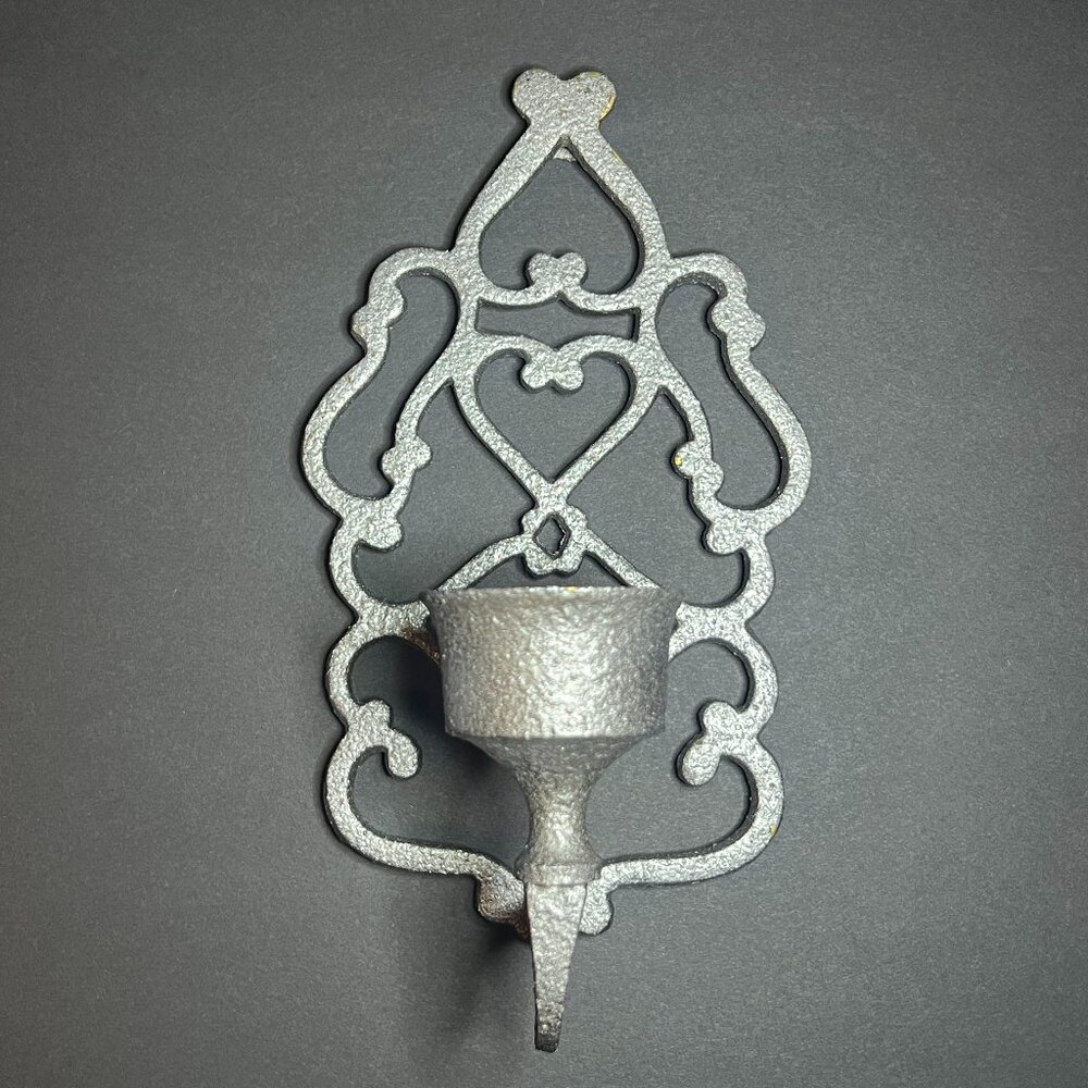 Vintage Grey Colored Brass Geometric Cutout Wall Sconce Taper Candle Holder 8.5"